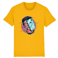 T-shirt geek original jaune en coton bio, design humour addiction au smartphone