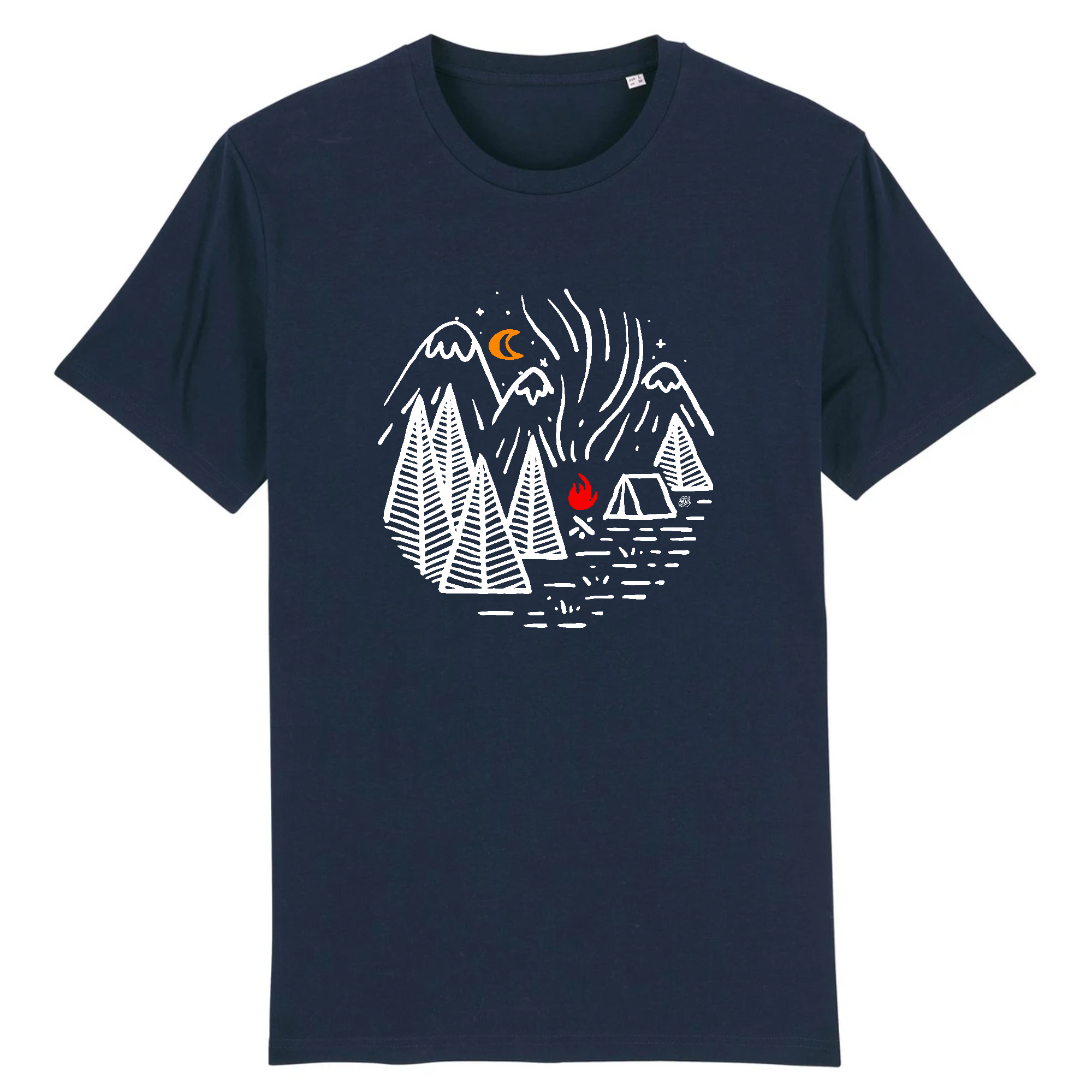 Tshirt homme bleu marine avec un dessin de feu de camp scout au clair de lune dans les montagnes