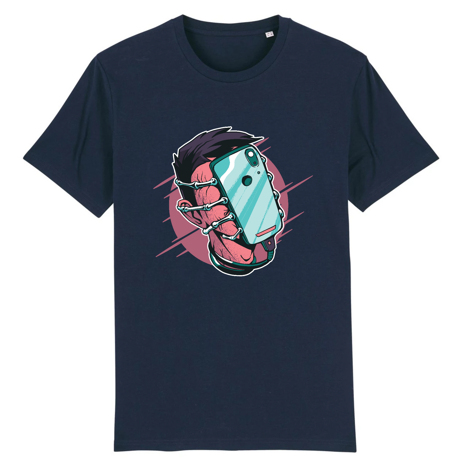 T-shirt geek original bleu marine en coton bio, design smartphone boulonné, imprimé en France