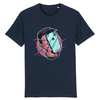 T-shirt geek original bleu marine en coton bio, design smartphone boulonné, imprimé en France