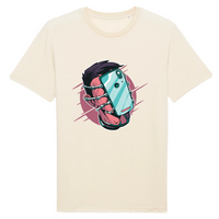 T-shirt geek original naturel écru en coton bio, design addict au smartphone, coupe unisexe