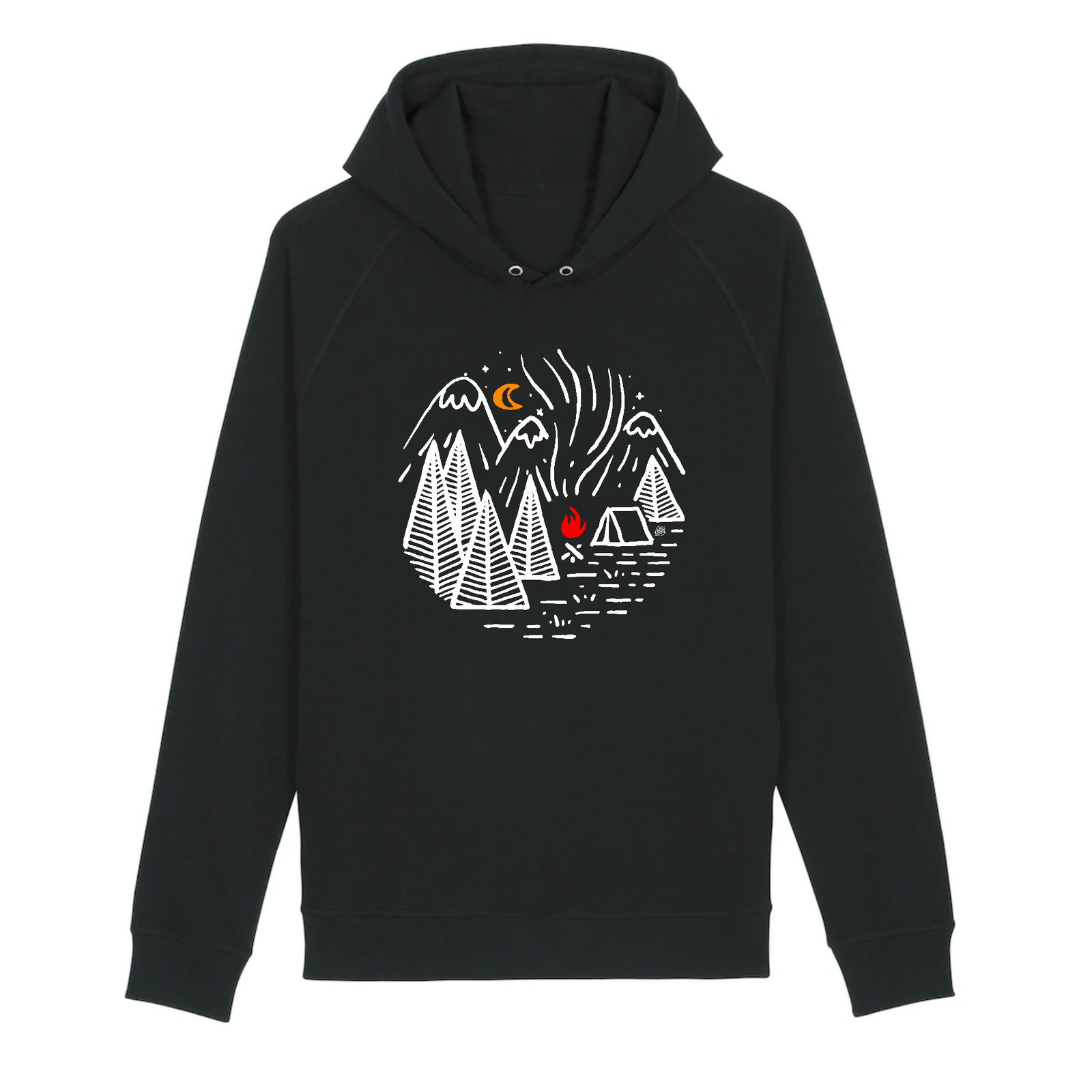 pull a capuche noir avec un dessin blanc de camping dans les montagnes