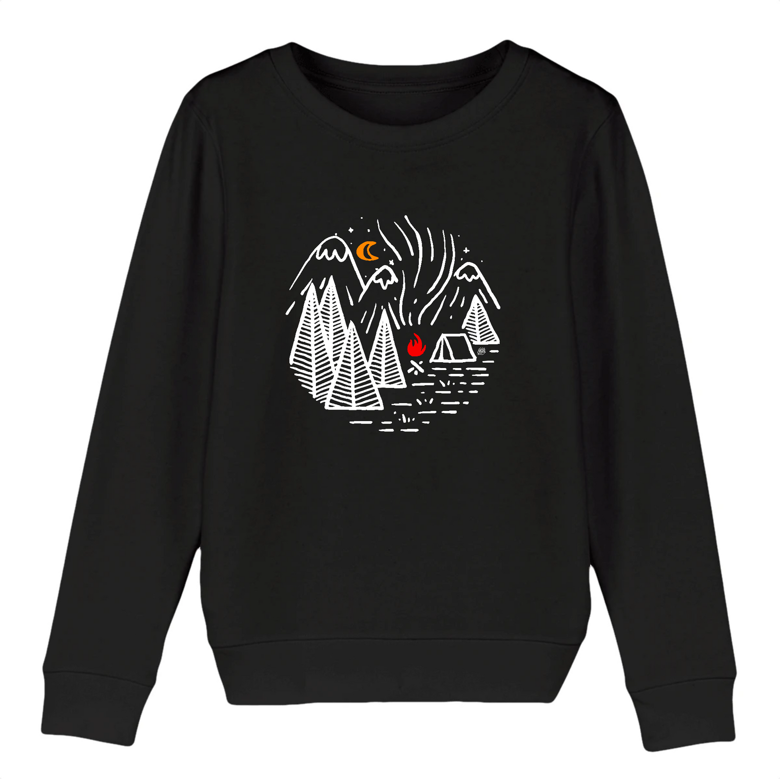 pull bbio noir enfant avec un dessin de camp scout avec feu de camp dans les montagnes