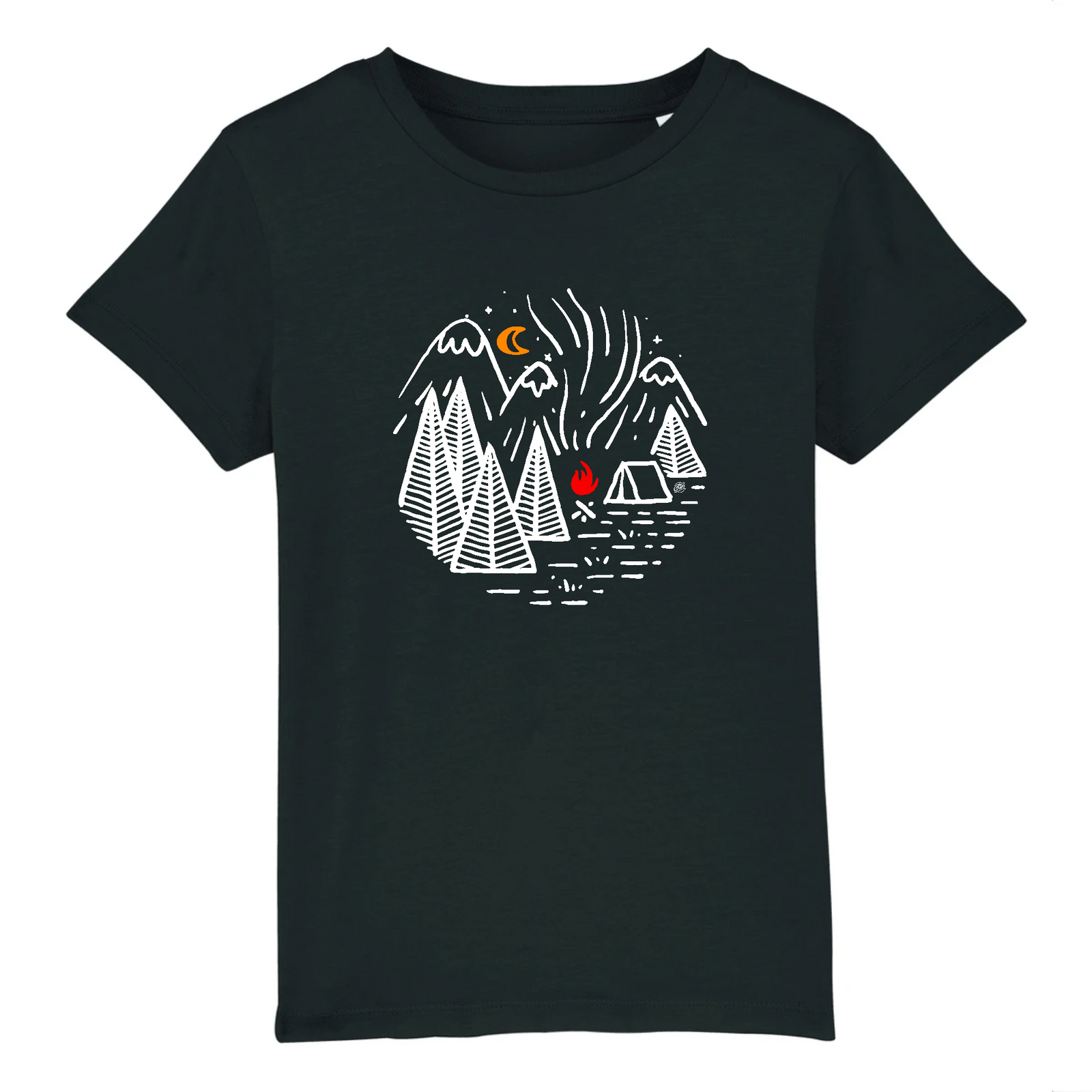 teeshirt bbio enfant avec un camp scout dans les montagne et feu de bois lune
