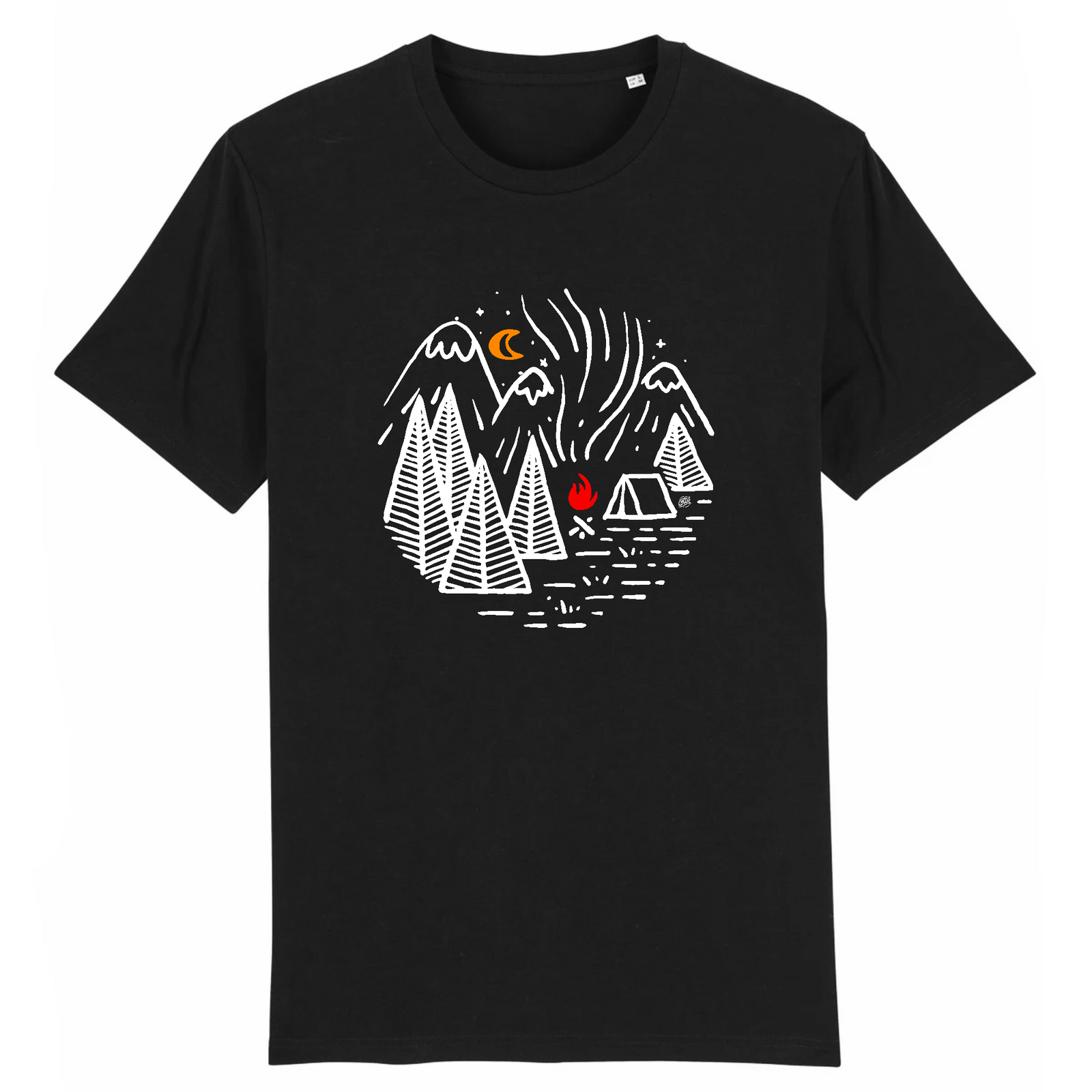 tshirt noir avec un dessin de camp scout au clair de lune et un feu de camp