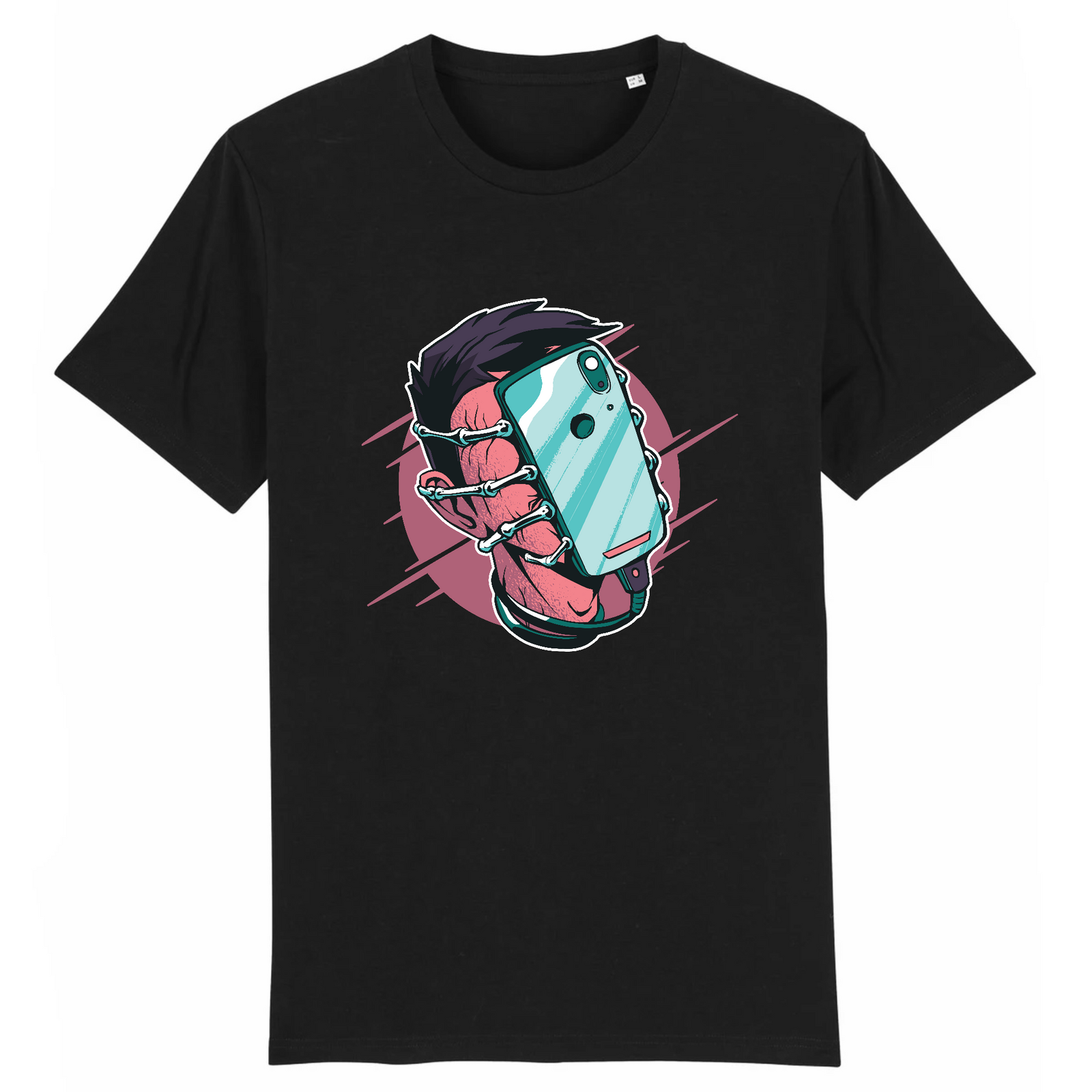 T-shirt geek original noir en coton bio, design smartphone vissé sur le visage, imprimé en France