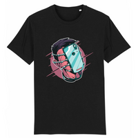 T-shirt geek original noir en coton bio, design smartphone vissé sur le visage, imprimé en France