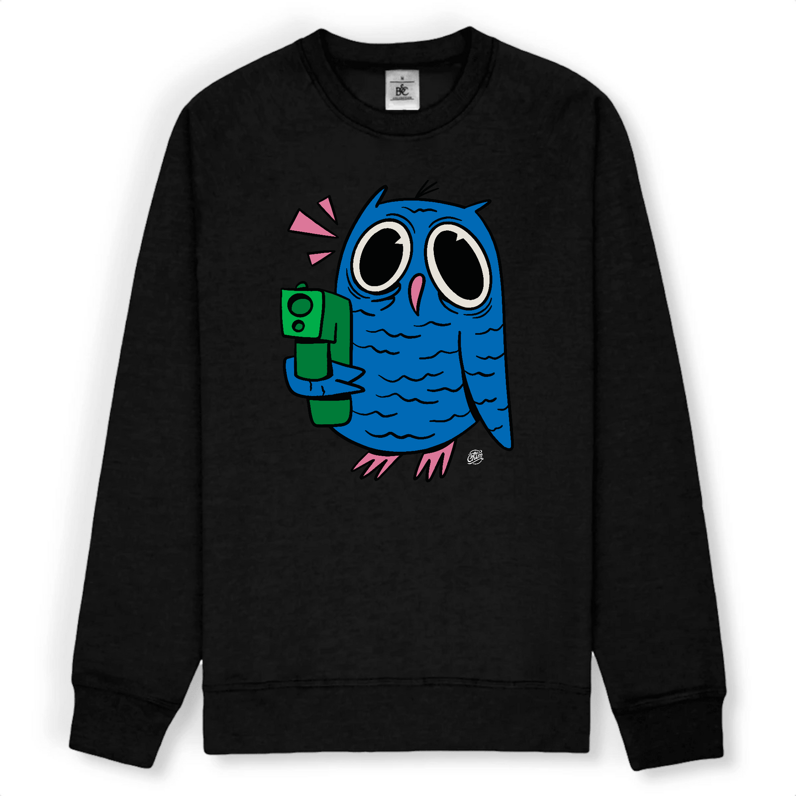 pull chouette bleue avec fusil