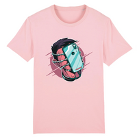 T-shirt geek original rose en coton bio, design addict au smartphone, coupe mixte