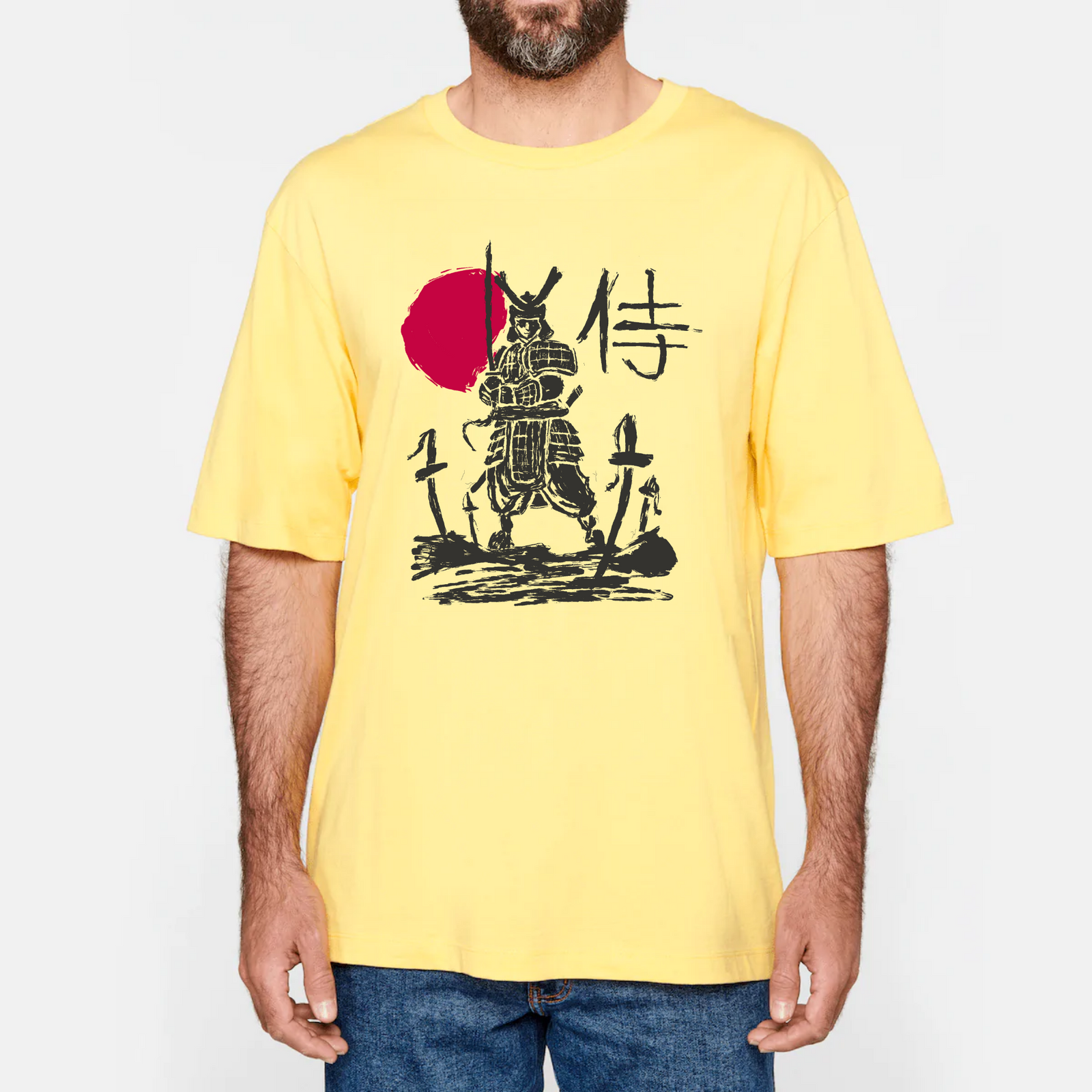 T-shirt anime oversize jaune imprimé samouraï japonais et soleil rouge, coton bio