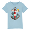 Tshirt enfant bleu avec un phare des vagues des nuages et un soleil