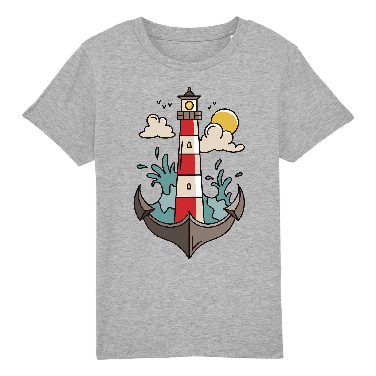 Tshirt enfant gris avec un phare des vagues des nuages et un soleil