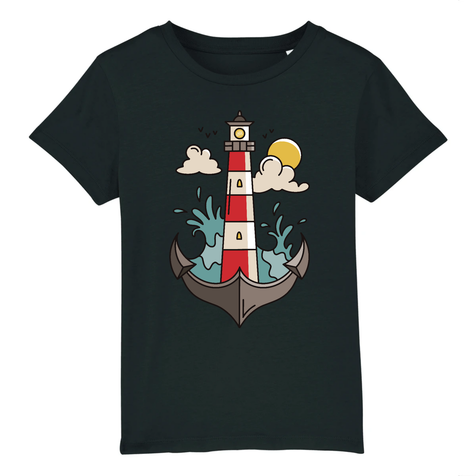Teeshirt enfant avec un phare des vagues des nuages et un soleil