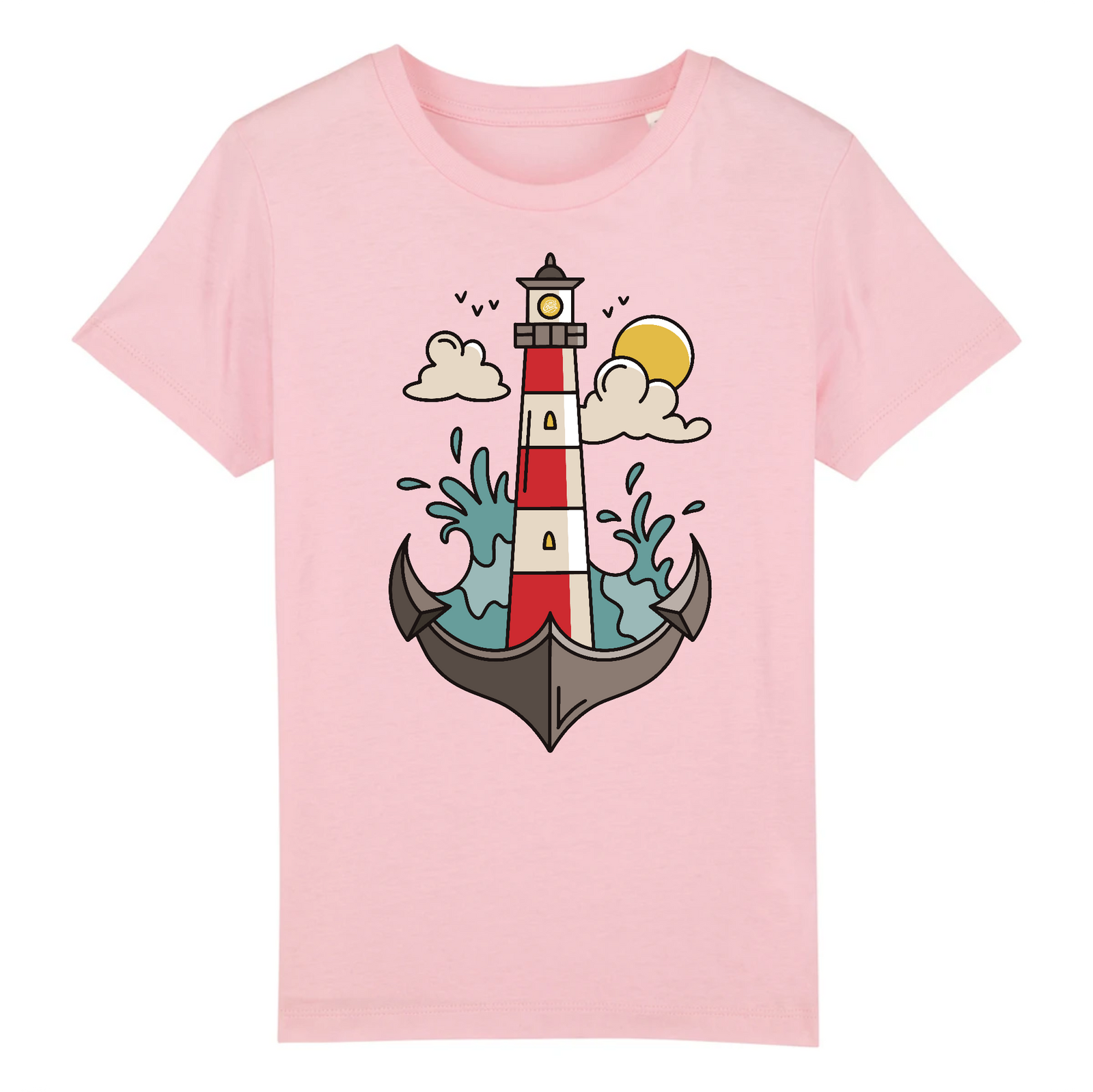 Tshirt enfant rose avec un phare des vagues des nuages et un soleil