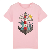 Tshirt enfant rose avec un phare des vagues des nuages et un soleil