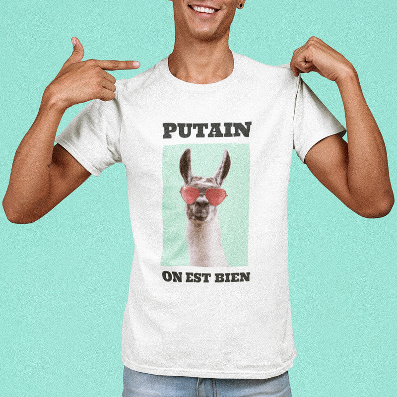 teeshirt humour chill putain on est bien avec un lama à lunettes