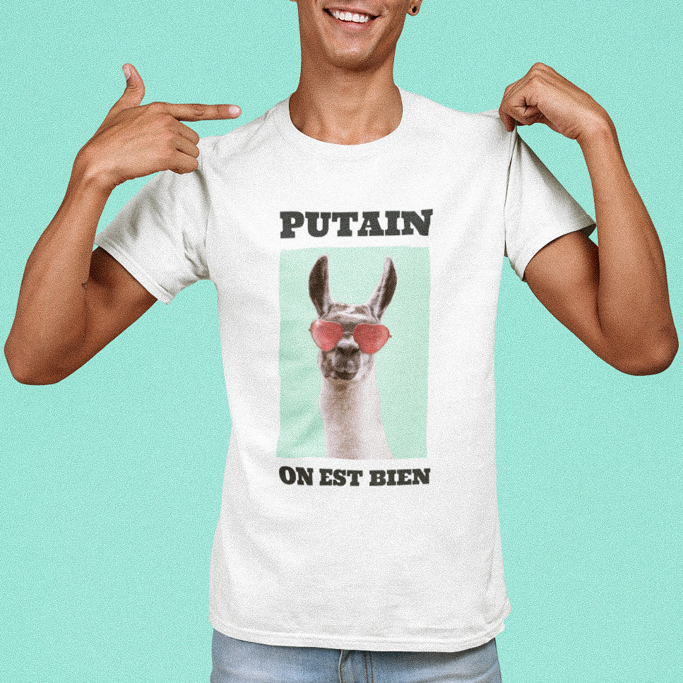 teeshirt humour chill putain on est bien avec un lama à lunettes