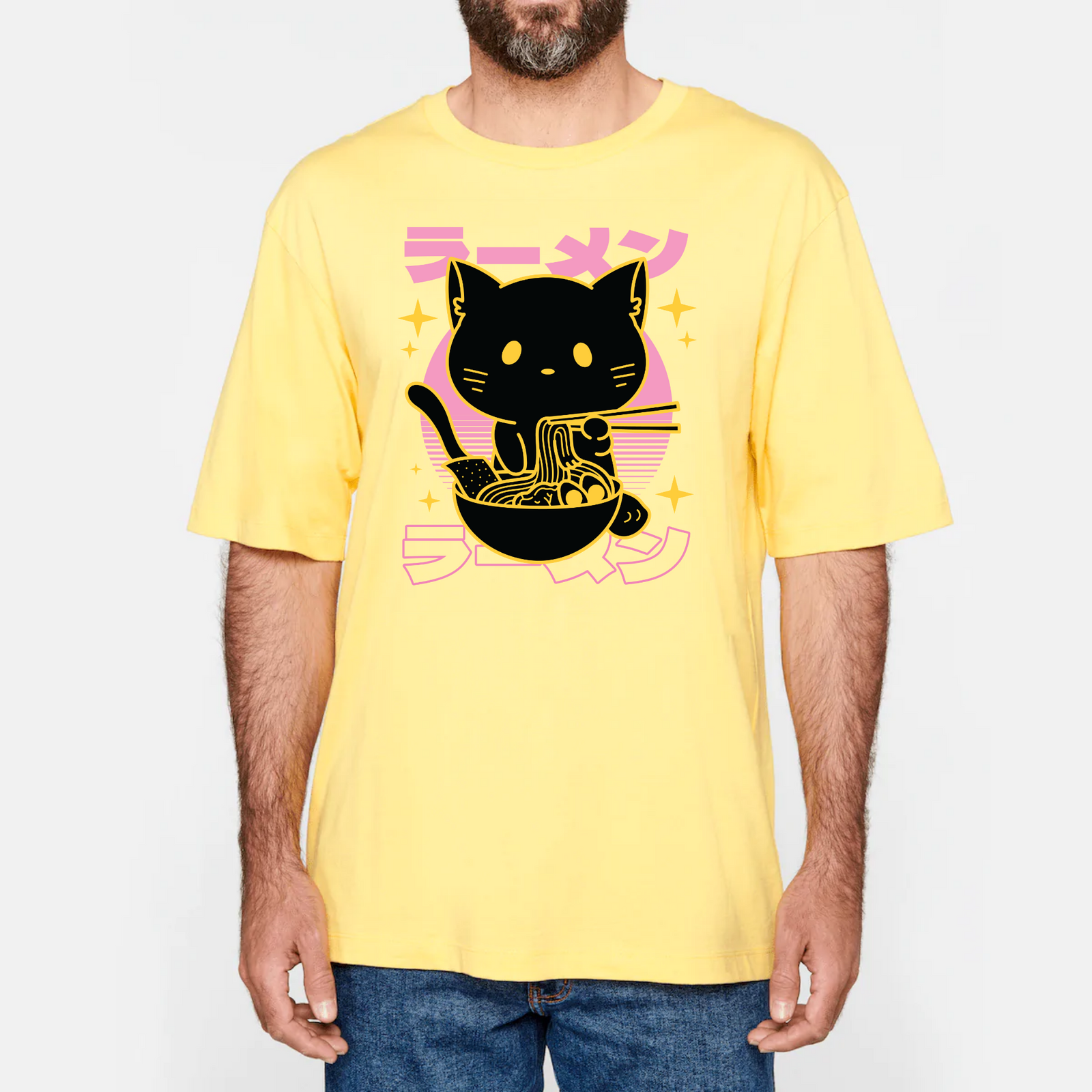 cat anime t shirt design japanese oversize jaune