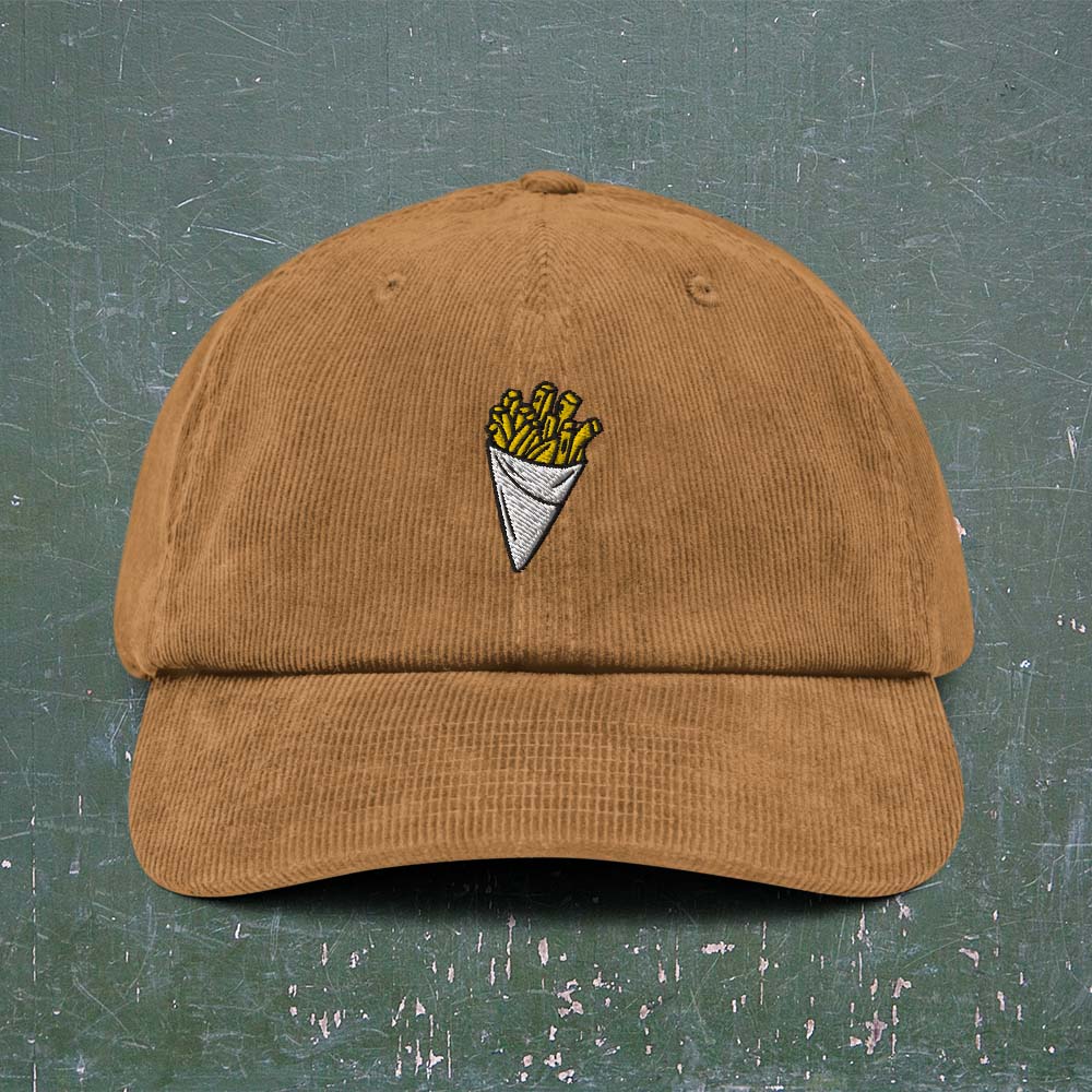 Casquette belge en velours côtelé brun avec frites brodées - vue de face