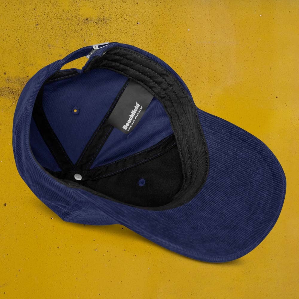 Casquette belge en velours côtelé bleu marine - vue intérieure et bandeau en sergé de coton