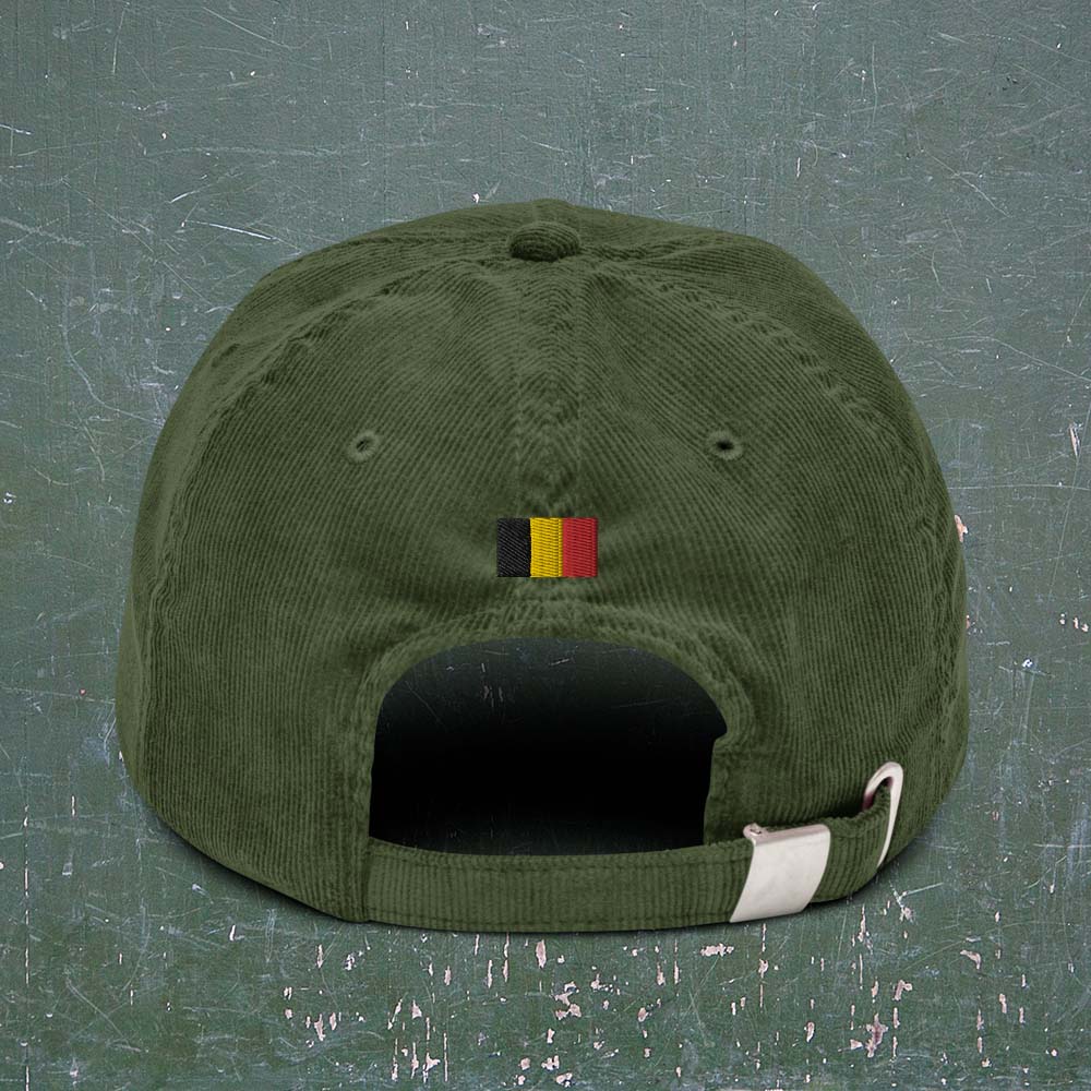 Casquette belge en velours côtelé olive avec drapeau belge brodé - vue de dos
