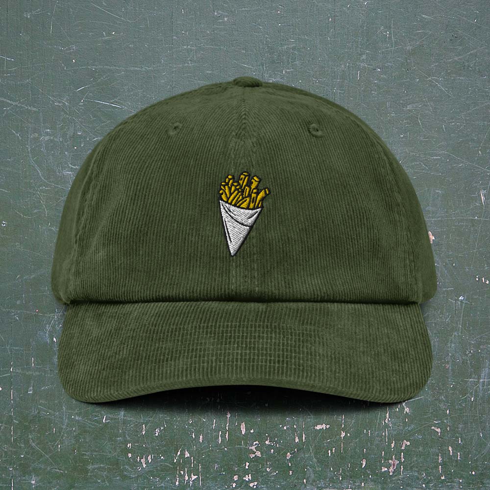 Casquette belge en velours côtelé olive avec frites brodées - vue de face
