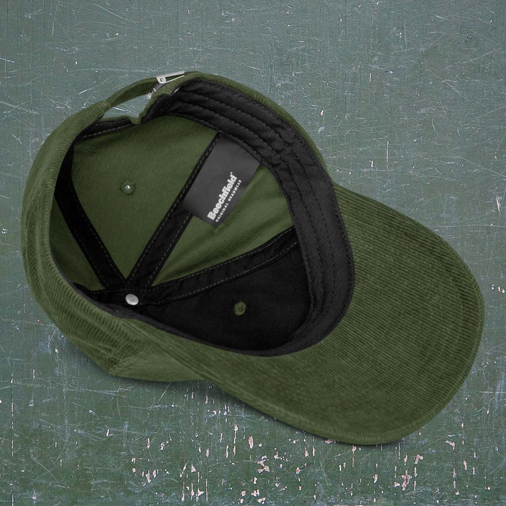 Casquette belge en velours côtelé olive - vue intérieure et bandeau en sergé de coton