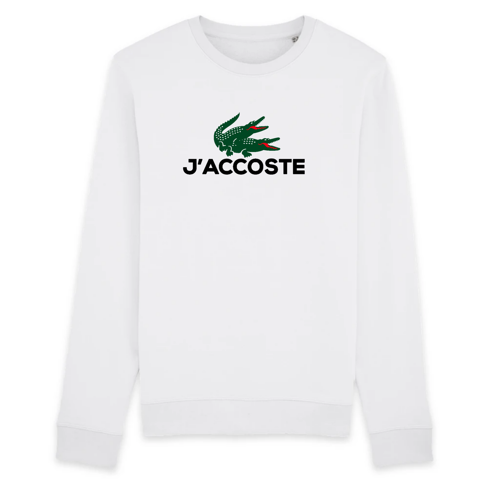 un pull blanc avec deux crocodiles lacoste qui font l amour avec ecrit j accoste
