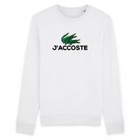un pull blanc avec deux crocodiles lacoste qui font l amour avec ecrit j accoste