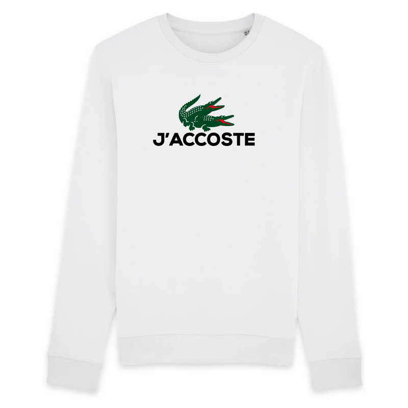 un pull blanc avec deux crocodiles lacoste qui font l amour avec ecrit j accoste