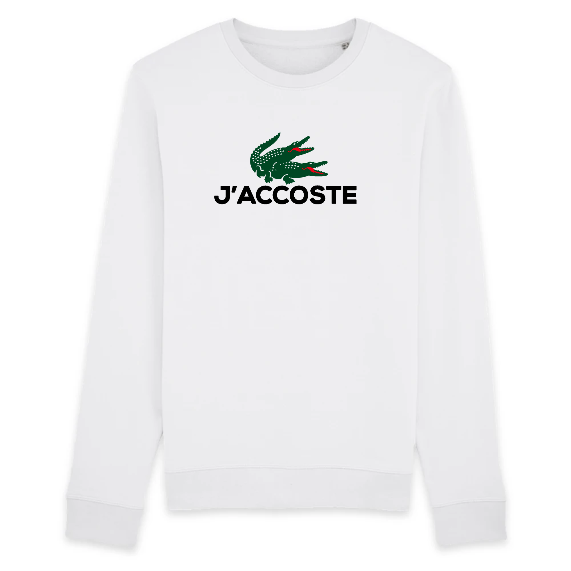 un pull blanc avec deux crocodiles lacoste qui font l amour avec ecrit j accoste