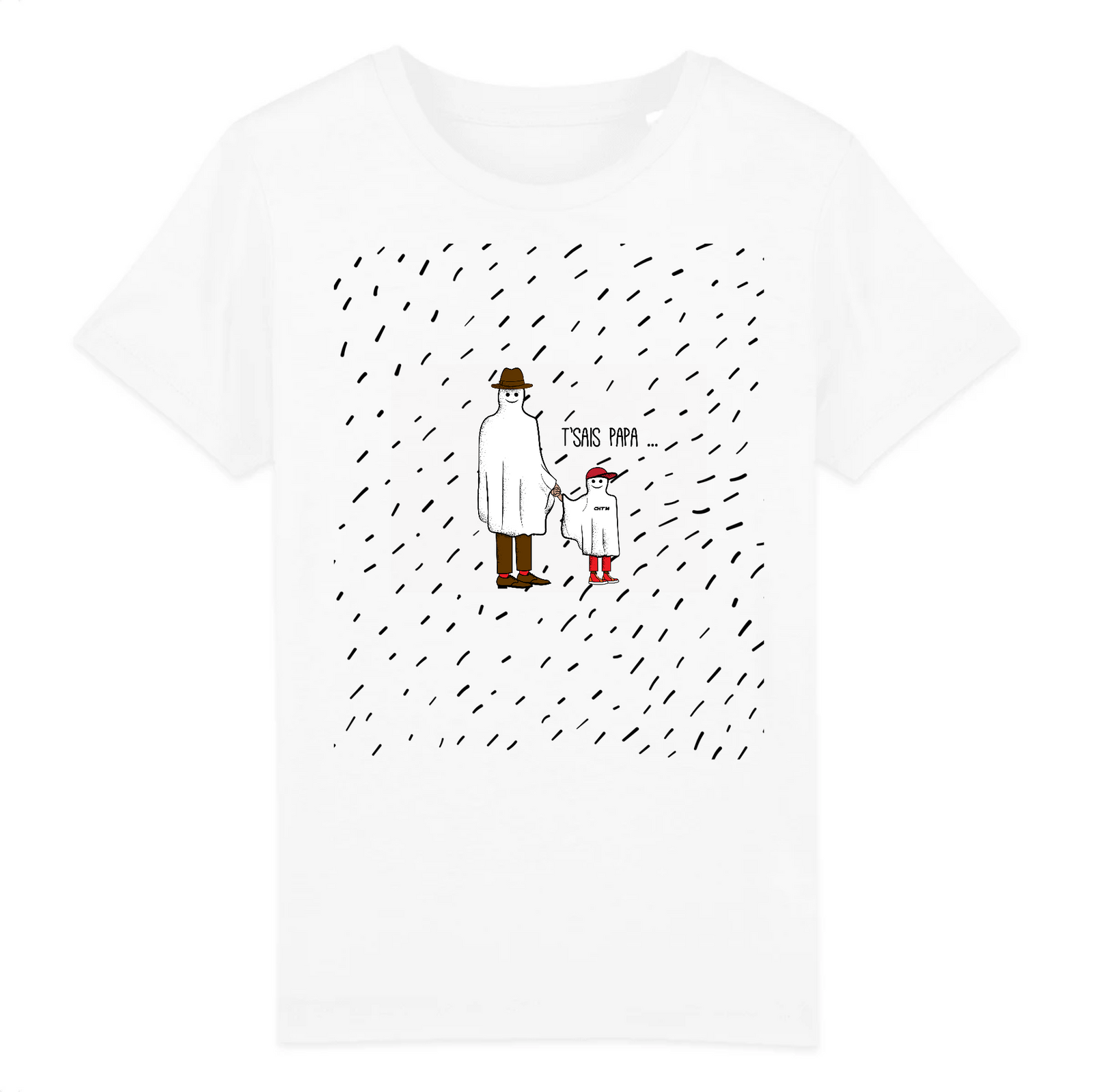 t shirt enfant pour la fete des peres avec un dessin de papa et fils déguises en fantomes ecrit tse papa cht aime