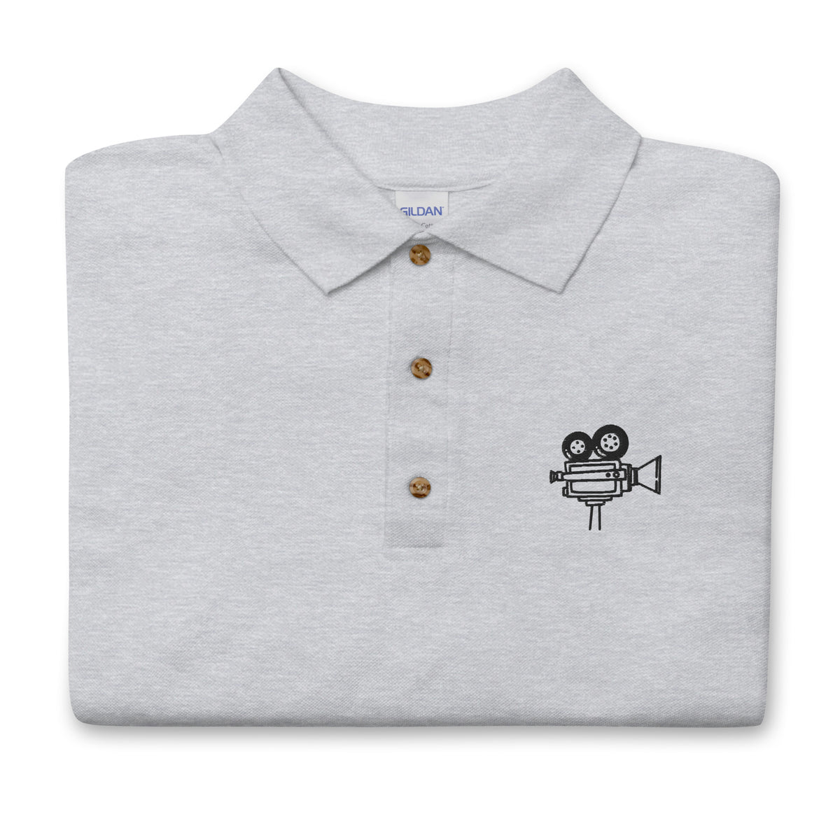 Polo brodé Caméra vintage gris sport porté, vue de face