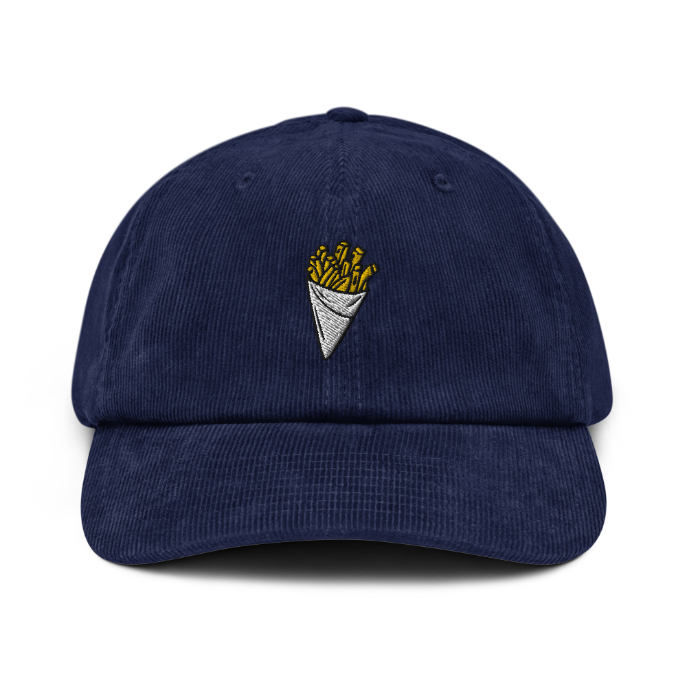 Casquette belge en velours côtelé noire avec frites brodées - vue de face