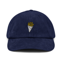 Casquette belge en velours côtelé noire avec frites brodées - vue de face