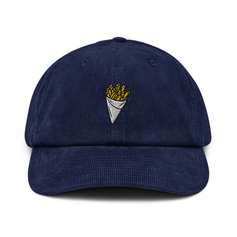 Casquette belge en velours côtelé noire avec frites brodées - vue de face