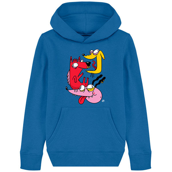 pull enfant original avec un dessin artistique de chiens fous