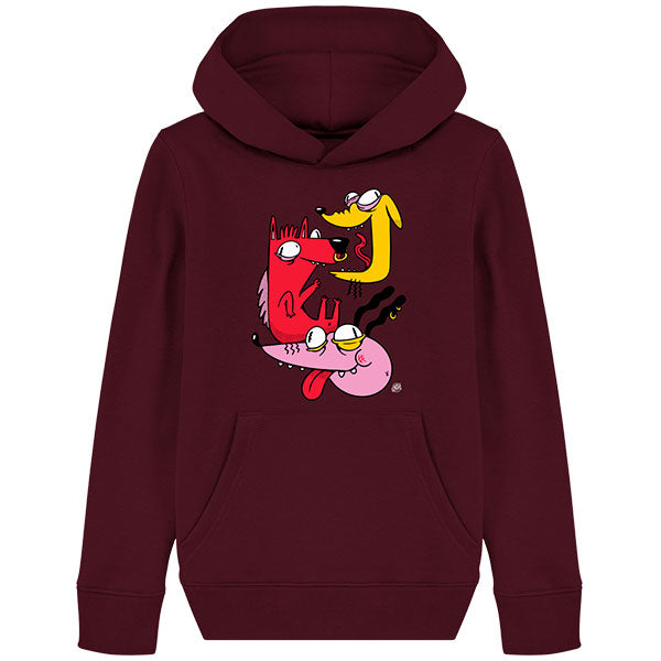 pull enfant original bordeaux avec un dessin de chiens fous