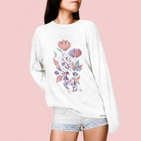 pull femme original blanc fleurs dessin mauve