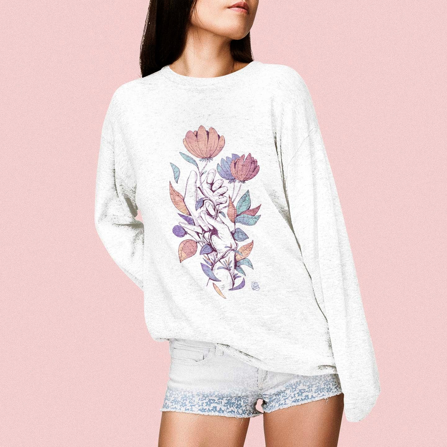 pull femme original blanc fleurs dessin mauve