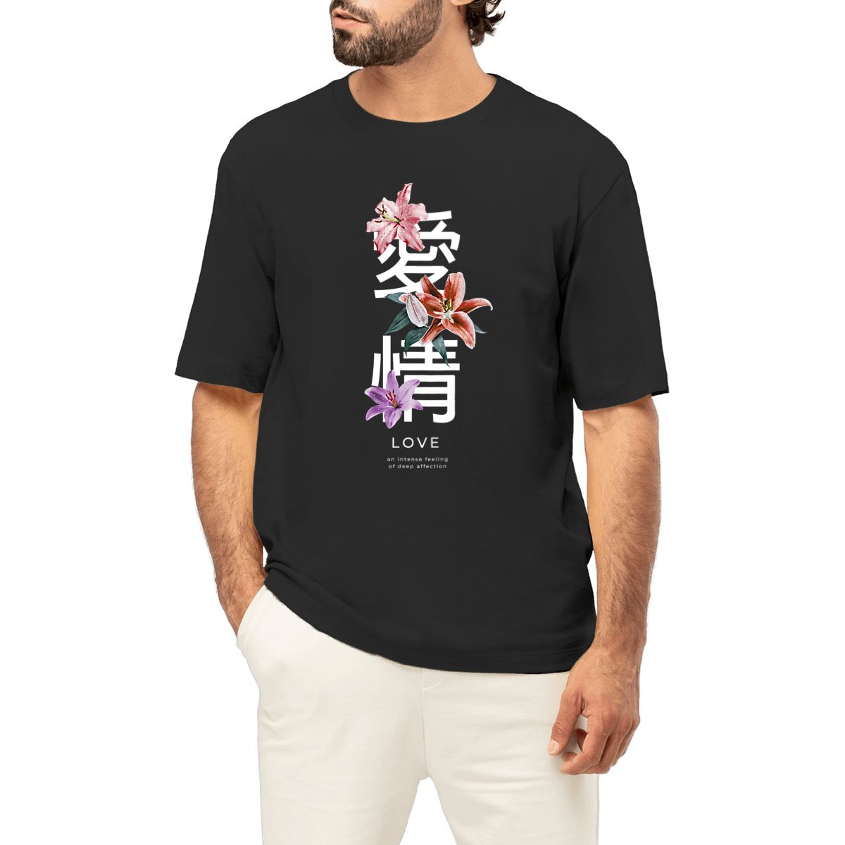 tshirt oversize large noir lettre chinoise fleurs love